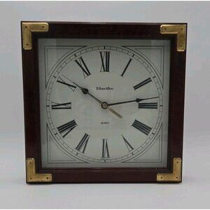 Ethan Allen Wooden Clock Brass Accents Roman Numerals Quartz Made In USA